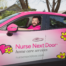 Caregiver driving a Nurse Next Door Pink Car