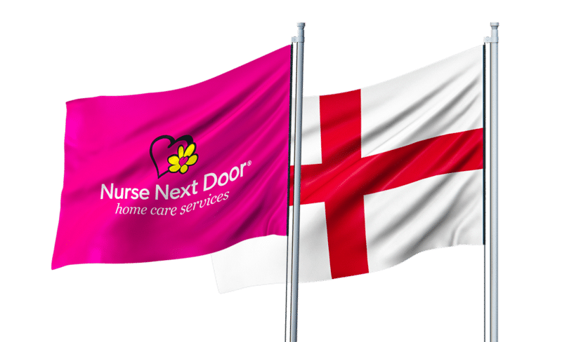 england flag with nurse next door flag